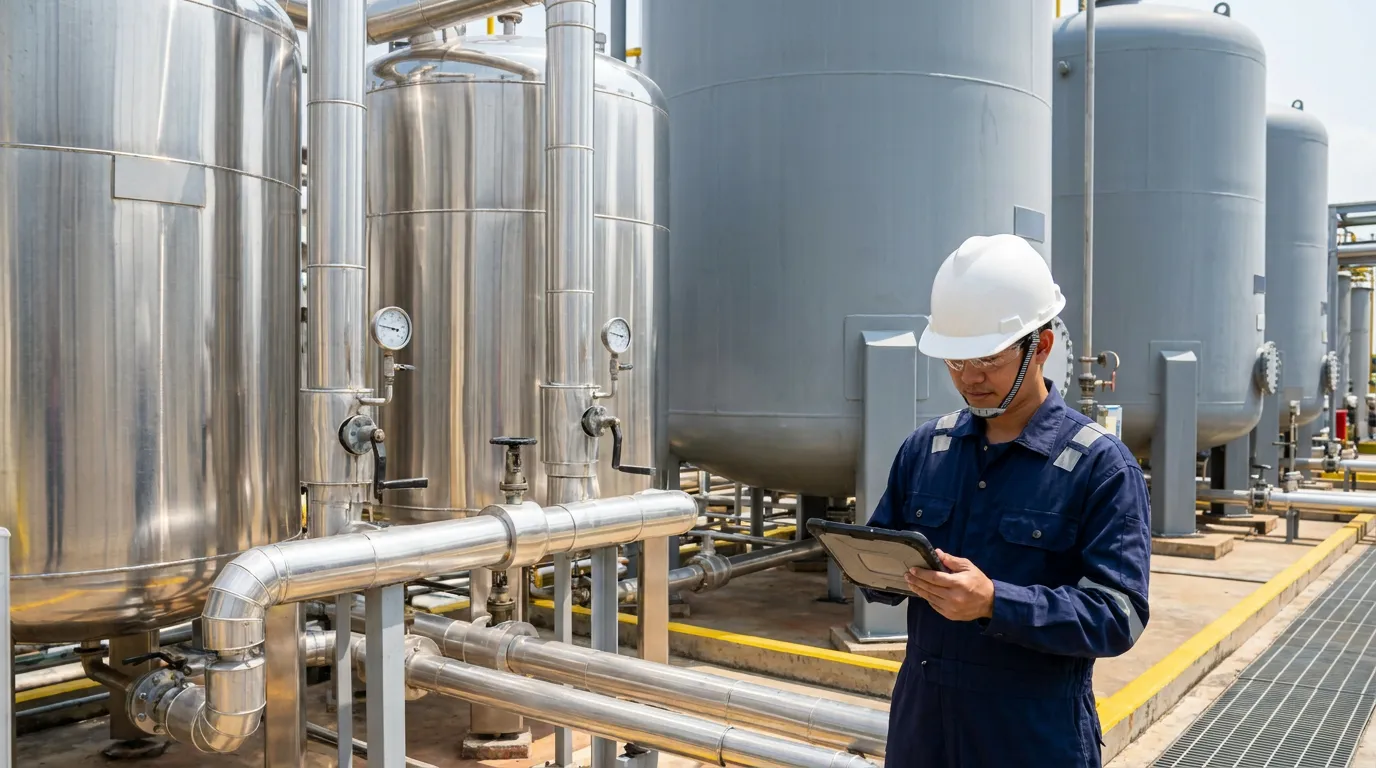 Engineer checking stainless steel chemical storage tanks and pipelines on a tablet